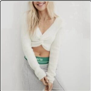 Aerie Super Soft Twist Crop White Sweater